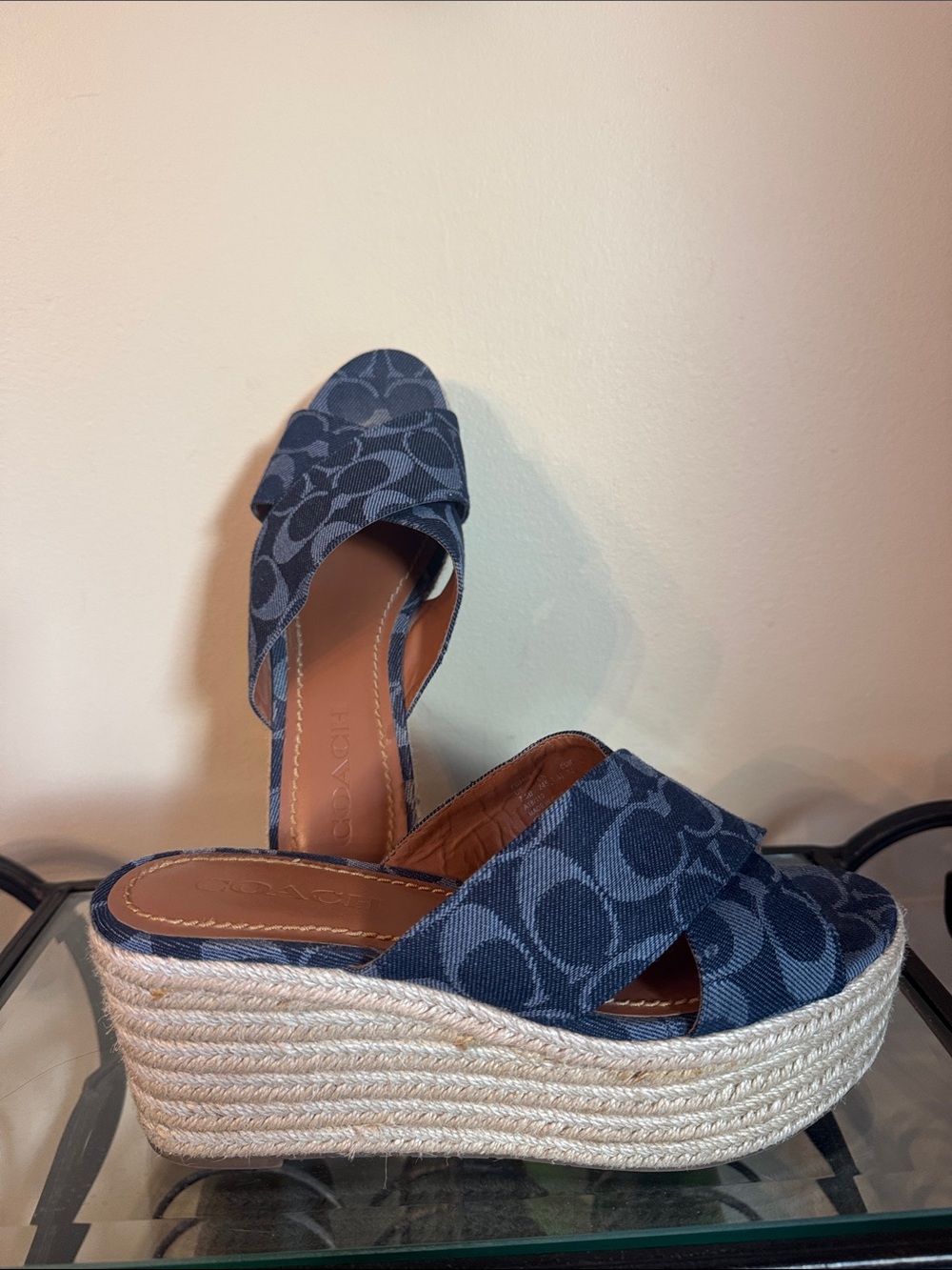 Coach Navy Signature Canvas Platform Wedge Sandals